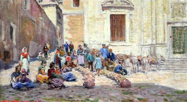 Spanish Market Place With Figures Selling Pots - view 1