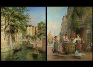 Kanal In Venedig Mit Gondeln Und Palastarchitektur (+ Venezianische Strassenansicht Mit Jungen Madchen An Einem Renaissancebrunnen; Pair) Kanal In Venedig Mit Gondeln Und Palastarchitektur (+ Venezianische Strassenansicht Mit Jungen Madchen An Einem Renaissancebrunnen; Pair)