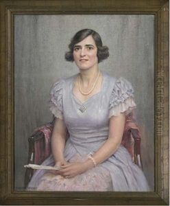 Portrait Of A Lady, Seated Three-quarter-length, In A Lilac Dress Holding A Fan by Arthur Trevor Haddon
