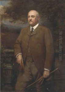 Portrait Of A Gentleman, Standing Three-quarter-length, In A Brown Tweed Suit, Holding A Crop, Cap And Gloves, A Landscape Beyond