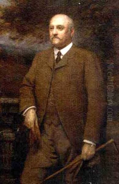 Portrait Of A Gentleman In A Brown Tweed Suit, Holding A Crop, Cap And Gloves, A Landscape Beyond - view 1