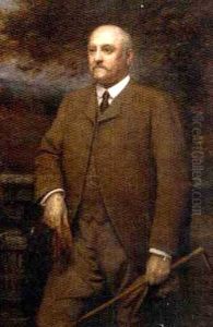 Portrait Of A Gentleman In A Brown Tweed Suit, Holding A Crop, Cap And Gloves, A Landscape Beyond