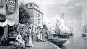 Venetian Canal Scene With Market Stalls In The Foreground by Arthur Trevor Haddon