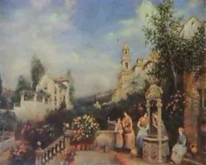 A Spanish Terrace With Women Conversing At A Well