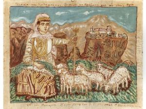 Vlacha From Kalabaka With Her Sheep At Meteora
