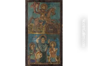Saint Eustathios And Three Female Saints by Theofilos Hadjimichail