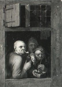 Three Peasants Seen Through A Tavern Door by Nicolas (Walraven) van Haeften