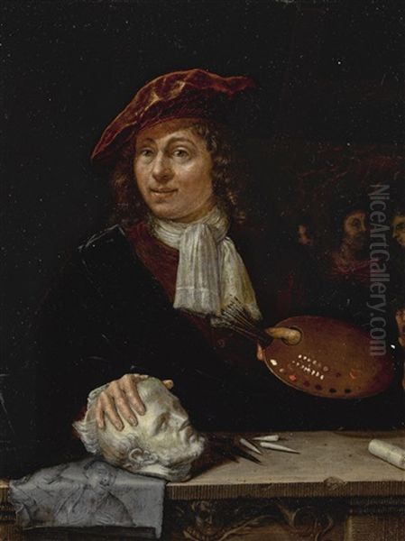 A Portrait Of An Artist Wearing A Red Hat, Half Length, Behind A Ledge - view 1