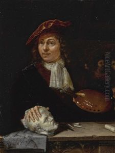 A Portrait Of An Artist Wearing A Red Hat, Half Length, Behind A Ledge by Johan van Haensbergen