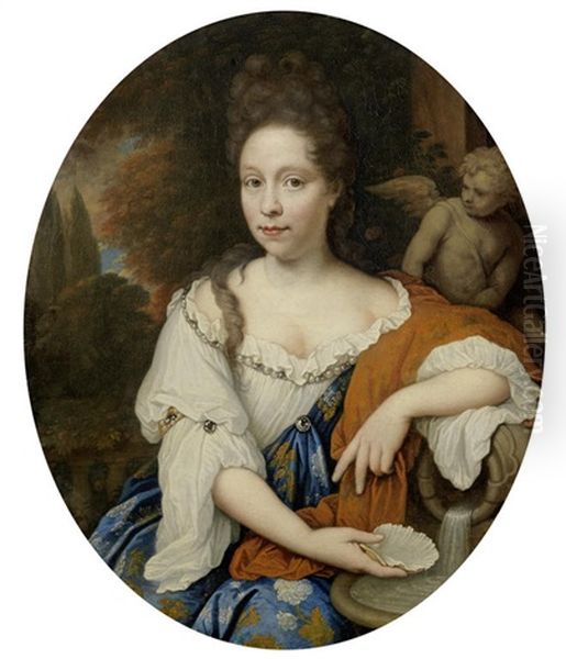 Portrait Of Catharina Margaretha Beck, Three-quarter-length, In A Blue Embroidered Robe And Red Cloak, Before A Fountain - view 1
