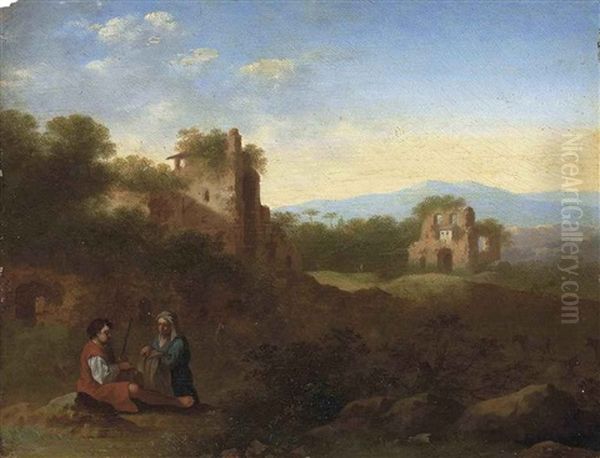 An Italianate Wooded River Landscape With A Shepherd And Shepherdess At Rest, Classical Ruins Beyond - view 1