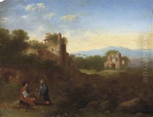 An Italianate Wooded River Landscape With A Shepherd And Shepherdess At Rest, Classical Ruins Beyond by Johan van Haensbergen