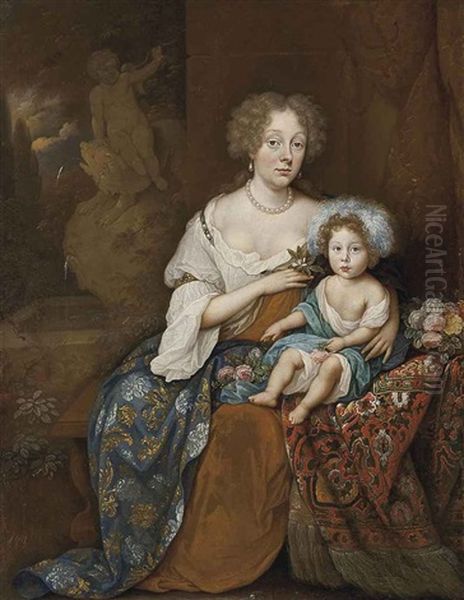 Portrait Of A Lady, Seated In A Brown And White Dress And An Embroidered Cloak, An Orange Blossom In Her Right Hand, With A Child Seated A Fountain Beyond - view 1