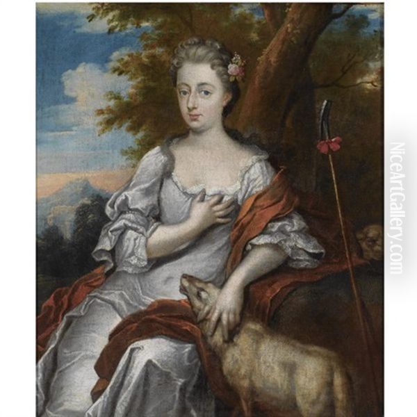 Portrait Of A Young Lady As A Shepherdess, Seated Three-quarter-length, Wearing A White Dress, A Lamb And Staff By Her Side - view 1