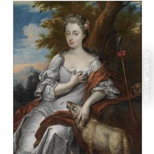 Portrait Of A Young Lady As A Shepherdess, Seated Three-quarter-length, Wearing A White Dress, A Lamb And Staff By Her Side