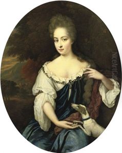Portrait Of A Lady, In A Blue Dress With A White Chemise And A Crimson Wrap With A Dog By Her Side