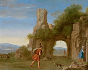 Eine Arkadische Landschaft Mit Einer Felsenkulisse Und Figurenstaffage Im Vordergrund