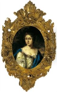 Bildnis Einer Dame In Weisem Satinkleid Und Blauem Mantel