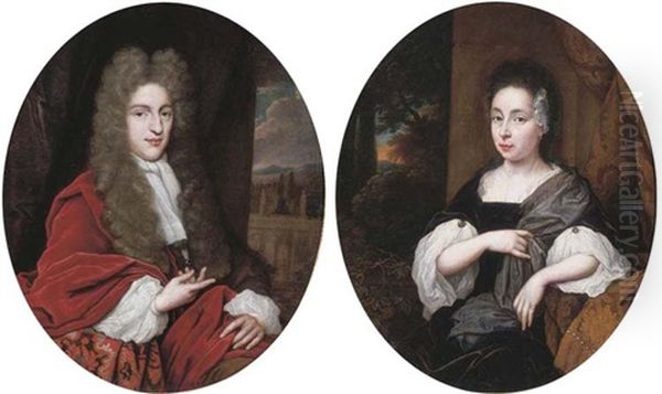 Portrait Of A Gentleman, Half-length, In A White Chemise And Red Cape, A Park Beyond (+ Portrait Of A Lady, Half-length, In A Black Dress And Grey Shawl, Before A Curtain; Pair) - view 1