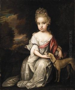 Portrait Of A Young Girl, Full Length, Wearing White, With A Dog by Johan van Haensbergen
