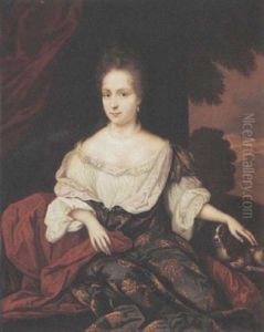 A Portrait Of A Lady Wearing A Green Gold-embroidered Dress With A White Blouse, Pearl Jewellery And A Dog