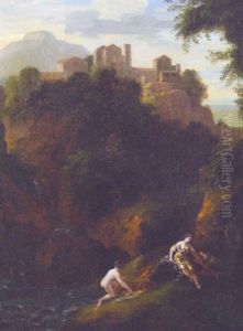 A View Of Tivoli With Nymphs Bathing At The Foot Of The Waterfall by Johan van Haensbergen