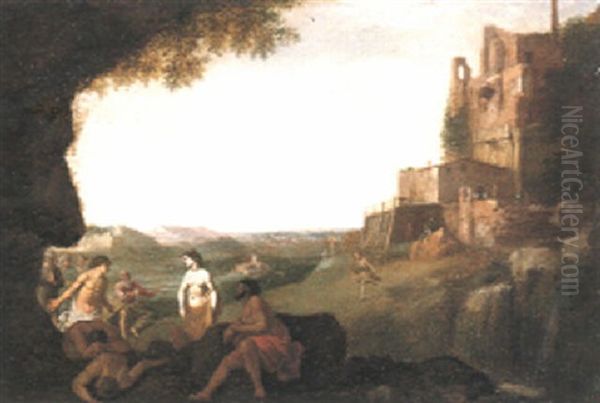 Classical Figures Amid Roman Ruins With An Italianate Landscape Beyond - view 1