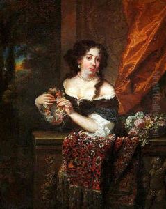 Portrait Of A Lady, Standing By A Curtain Behind A Draped Balustrade, Wearing Brown Dress With White Chemise
