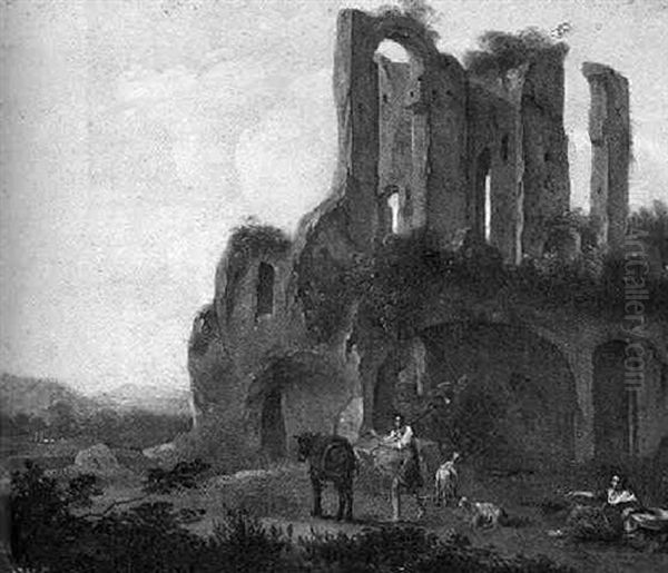 A Shepherdess And A Muleteer By Classical Ruins In An Italianate Landscape - view 1