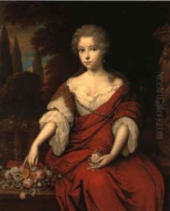Portrait Of A Noblewoman Wearing A Red Silk Dress Seated By A Fountain