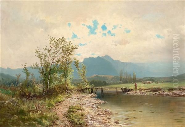 River Landscape With Figure On A Bridge - view 1