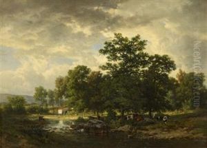 Figures And Watering Cattle Along A Stream Bank
