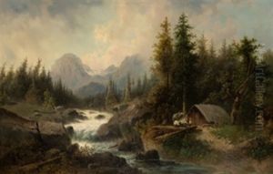 Paisaje Boscoso De Alta Montana Con Rio Y Cabana