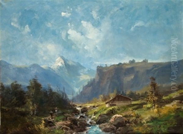 Paisaje Con Torrente,cabana Y Personajes - view 1