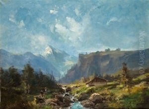 Paisaje Con Torrente,cabana Y Personajes