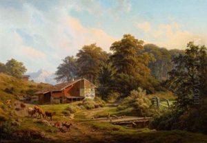 Voralpenlandschaft Mit Gehoft by Johann Georg Haeselich