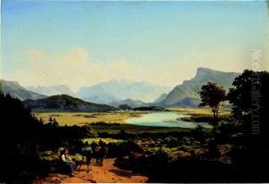 Bayerische Voralpenlandschaft Mit Hirtenpaar Und Kuhen