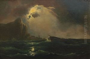 Nachtliche Kustenlandschaft Mit Gestrandetem Schiffswrack