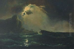 Abendliche Sturmische Marine Mit Steilkuste Und Gestrandetem Schiffswrack