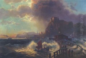 Aufziehendes Gewitter Uber Englischer Kustenlandschaft Mit Blick Auf Festung Und Stadt by Carl (Baron von) Hafften
