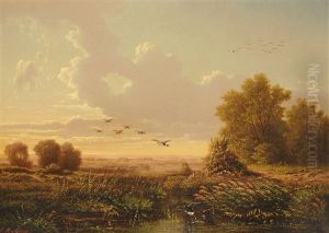 Fliegende Enten Uber Dem Dachauer Moos by Carl Hafner