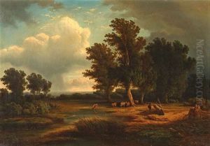 Wolkenverhangene Sommerlandschaft Mit Viehherde An Einem Gewasser