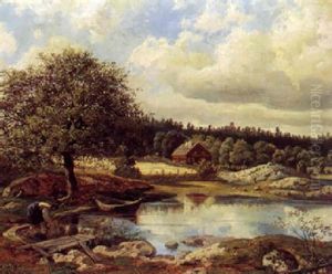 Kvinde Vasker Toj Ved Strandbreden by Axel Gillis Hafstrom