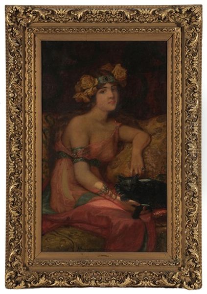 Woman With Jeweled And Rose Bloom Headdress, Wearing A Silk Dress, Seated On A Sofa And Holding A Black Cat - view 1