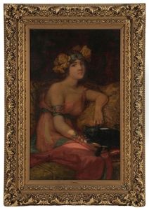 Woman With Jeweled And Rose Bloom Headdress, Wearing A Silk Dress, Seated On A Sofa And Holding A Black Cat