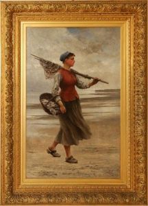 French Bretagne Fisherwoman Along The Coast Carrying A Basket Of Oysters, Holding A Net by August Vilhelm Nikolaus Hagborg