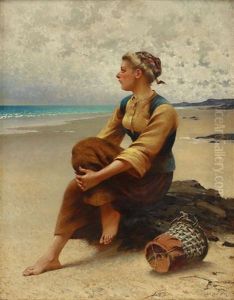 Sittande Musselplockerska Pa Stranden, Bretagne by August Vilhelm Nikolaus Hagborg
