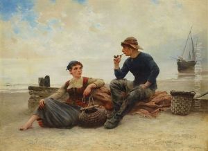 Flirt Pa Stranden, Bretagne by August Vilhelm Nikolaus Hagborg