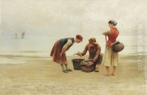 Ostronplockerskor Och Fiskare, Bretagne by August Vilhelm Nikolaus Hagborg