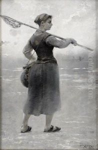 Musselplockerska Pa Strand, Bretagne by August Vilhelm Nikolaus Hagborg